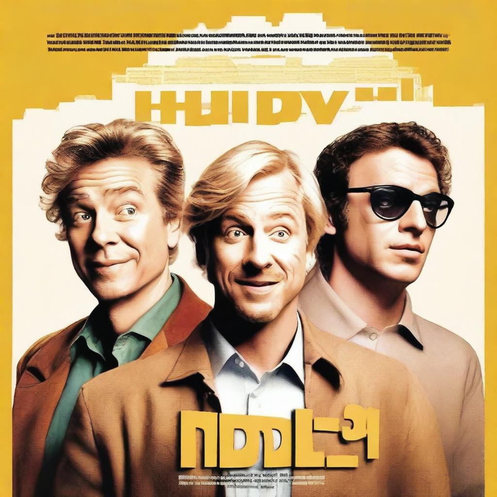 Create a comedy movie poster with a blonde man in the middle, a man with brown hair on the right, and a third man with a Latin appearance on the left