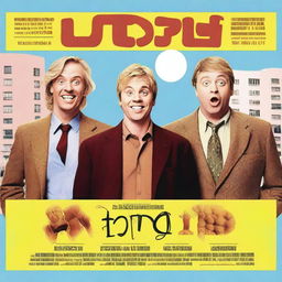 Create a comedy movie poster with a blonde man in the middle, a man with brown hair on the right, and a third man with a Latin appearance on the left