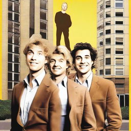 Create a comedy movie poster with a blonde man in the middle, a man with brown hair on the right, and a third man with a Latin appearance on the left