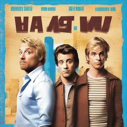 Create a comedy movie poster featuring a blonde man in the middle, a man with brown hair on the right, and a third man with a Latin appearance on the left