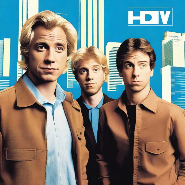 Create a comedy movie poster featuring a blonde man in the middle, a man with brown hair on the right, and a third man with a Latin appearance on the left