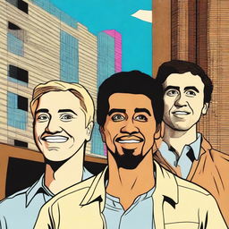 Create a comedy movie poster featuring a blonde man in the middle, a man with brown hair on the right, and a third man with black hair and Latin/Hispanic skin color on the left