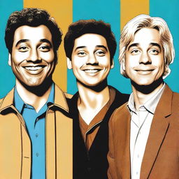 Create a comedy movie poster featuring a blonde man in the middle, a man with brown hair on the right, and a third man with black hair and Latin/Hispanic skin color on the left