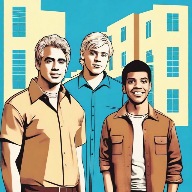 Create a comedy movie poster featuring a blonde man in the middle, a man with brown hair on the right, and a third man with black hair and Latin/Hispanic skin color on the left