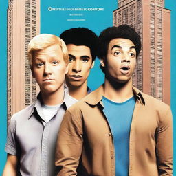 Create a comedy movie poster featuring a blonde man in the middle, a man with brown hair on the right, and a third man with black hair and Latin/Hispanic skin color on the left