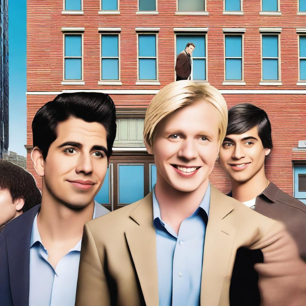 Create a realistic comedy movie poster featuring a blonde man in the middle and in the front, a man with brown hair on the right and in the back, and a third man on the left and in the back with black hair and Latin/Hispanic skin color