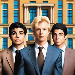 Create a realistic comedy movie poster featuring a blonde man in the middle and in the front, a man with brown hair on the right and in the back, and a third man on the left and in the back with black hair and Latin/Hispanic skin color