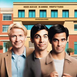 Create a realistic comedy movie poster featuring a blonde man in the middle and in the front, a man with brown hair on the right and in the back, and a third man on the left and in the back with black hair and Latin/Hispanic skin color