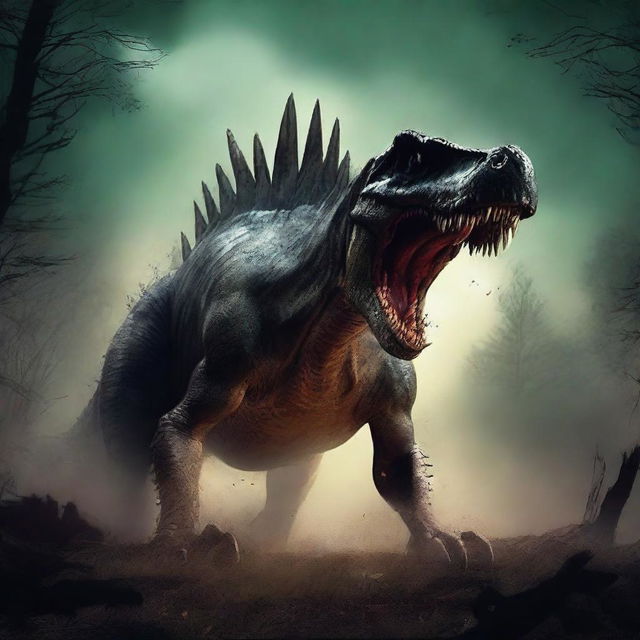 Create a book cover for a horror story featuring a spinosaurus in the middle of the cover