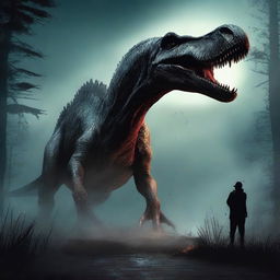 Create an illustration for a book cover of a horror story featuring a spinosaurus in the middle of the cover