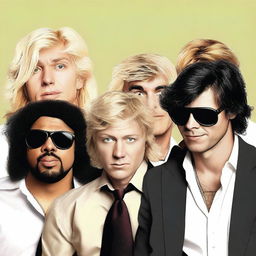 Create a realistic comedy movie poster featuring a blonde man in the middle and in front wearing a suit, a man with brown hair on the right and in the back wearing a white shirt, and a third man on the left and in the back with black hair and Latin/Hispanic skin color wearing a rock band t-shirt