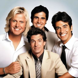 Create a realistic comedy movie poster featuring a blonde man in the middle and in front wearing a suit, a man with brown hair on the right and in the back wearing a white shirt, and a third man on the left and in the back with black hair and Latin/Hispanic skin color wearing a rock band t-shirt