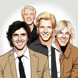 Create a realistic comedy movie poster featuring a blonde man in the middle and in front wearing a suit, a man with brown hair on the right and in the back wearing a white shirt, and a third man on the left and in the back with black hair and Latin/Hispanic skin color wearing a rock band t-shirt