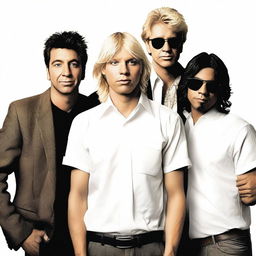 Create a realistic comedy movie poster featuring a blonde man in the middle and in front wearing a suit, a man with brown hair on the right and in the back wearing a white shirt, and a third man on the left and in the back with black hair and Latin/Hispanic skin color wearing a rock band t-shirt