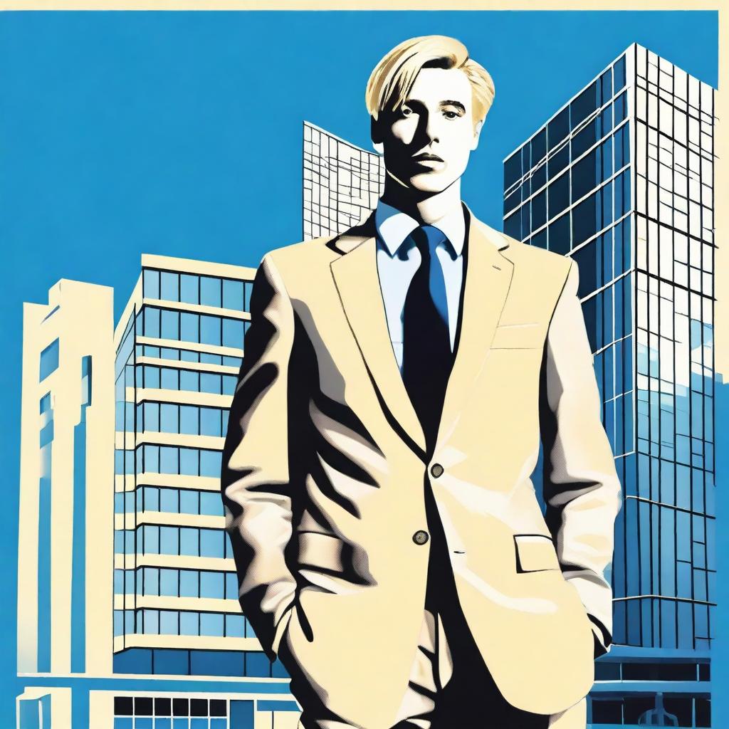 Create a comedy movie poster featuring a blonde man in his early 30s wearing a suit