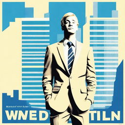 Create a comedy movie poster featuring a blonde man in his early 30s wearing a suit