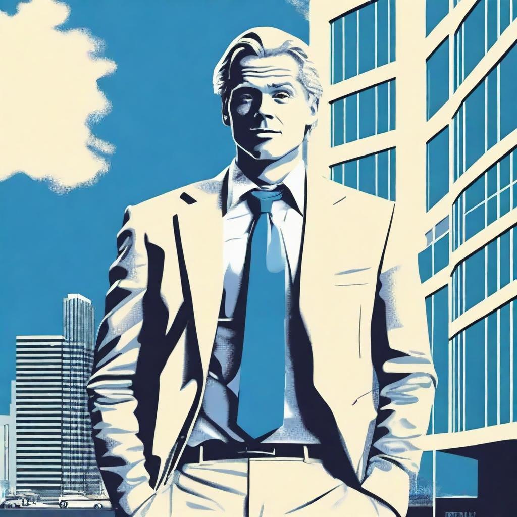 Create a comedy movie poster featuring a blonde man in his early 30s wearing a suit