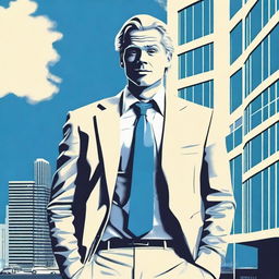 Create a comedy movie poster featuring a blonde man in his early 30s wearing a suit