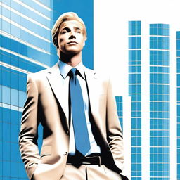 Create a comedy movie poster featuring a blonde man in his early 30s wearing a suit