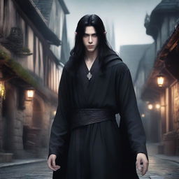 A male elf with long black hair, wearing a completely black robe adorned with devilish motifs