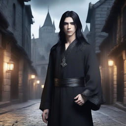 A male elf with long black hair, wearing a completely black robe adorned with devilish motifs