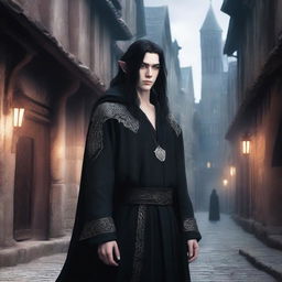 A male elf with long black hair, wearing a completely black robe adorned with devilish motifs