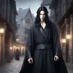 A male elf with long black hair, wearing a completely black robe adorned with devilish motifs