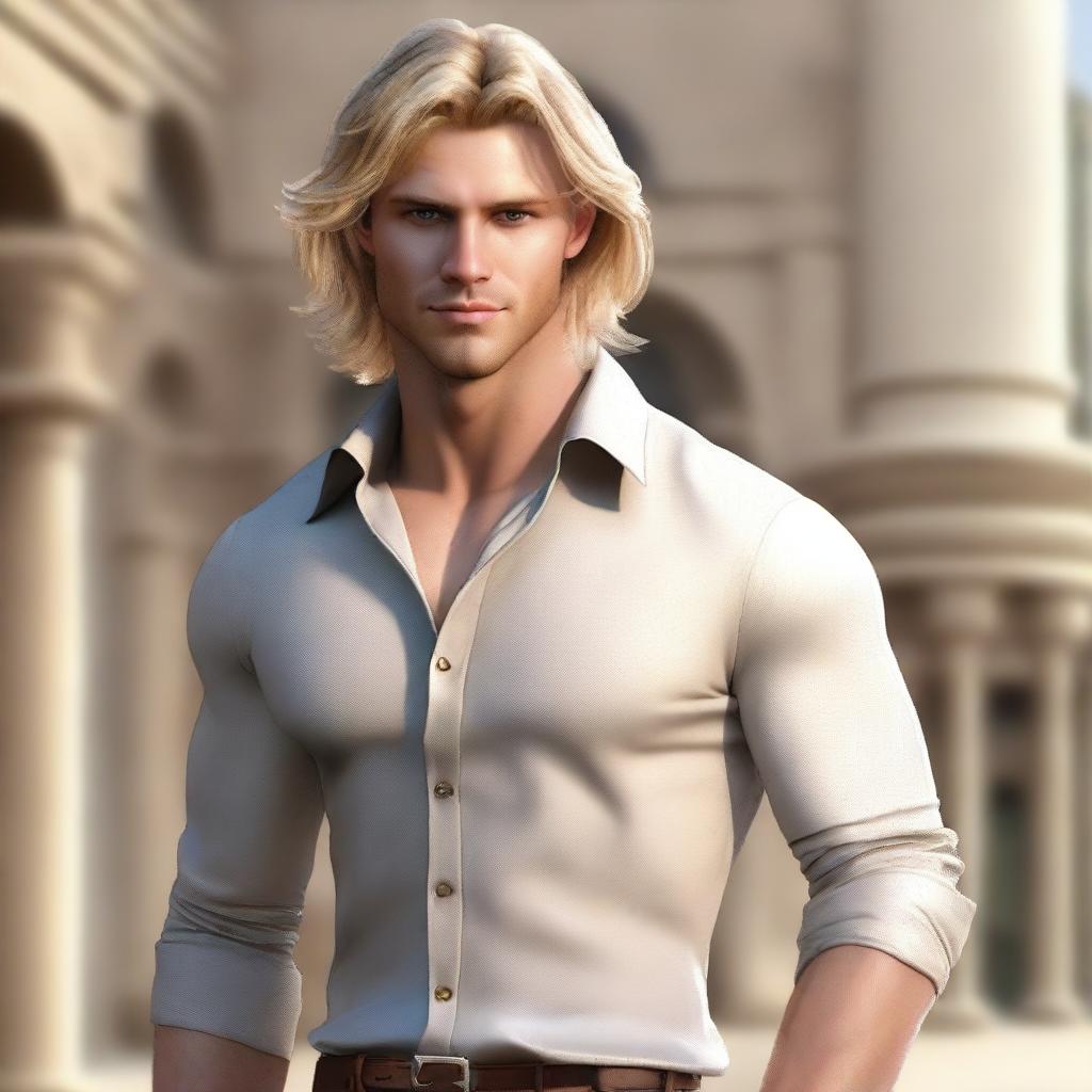 Create a 3D fantasy art image of a handsome man in his early 30s, tall and lean with a scholarly look