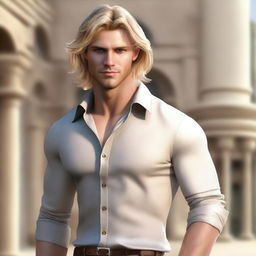 Create a 3D fantasy art image of a handsome man in his early 30s, tall and lean with a scholarly look