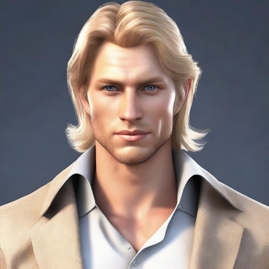 Create a 3D fantasy art image of a handsome man in his early 30s, tall and lean with a scholarly look