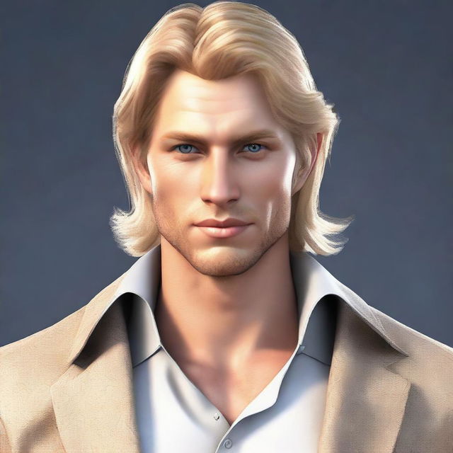 Create a 3D fantasy art image of a handsome man in his early 30s, tall and lean with a scholarly look