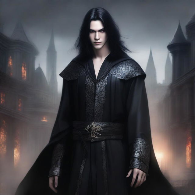 A male elf with long black hair, wearing a completely black robe adorned with devilish motifs