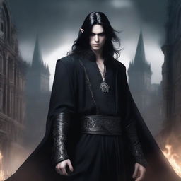 A male elf with long black hair, wearing a completely black robe adorned with devilish motifs