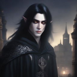 A male elf with long black hair, wearing a completely black robe adorned with devilish motifs