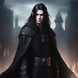 A male elf with long black hair, wearing a completely black robe adorned with devilish motifs