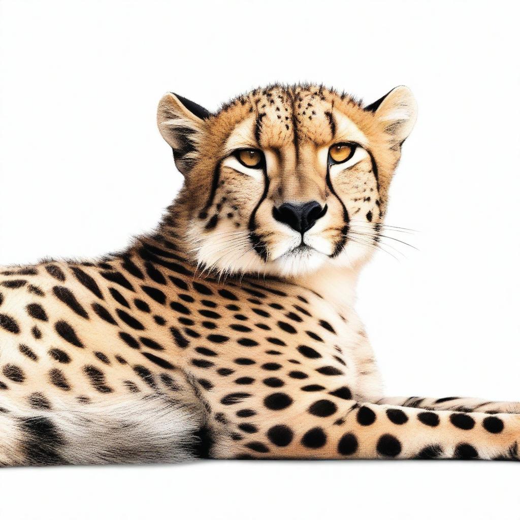 A realistic and well-proportioned illustration of a cheetah lying down with its full body visible against a white background