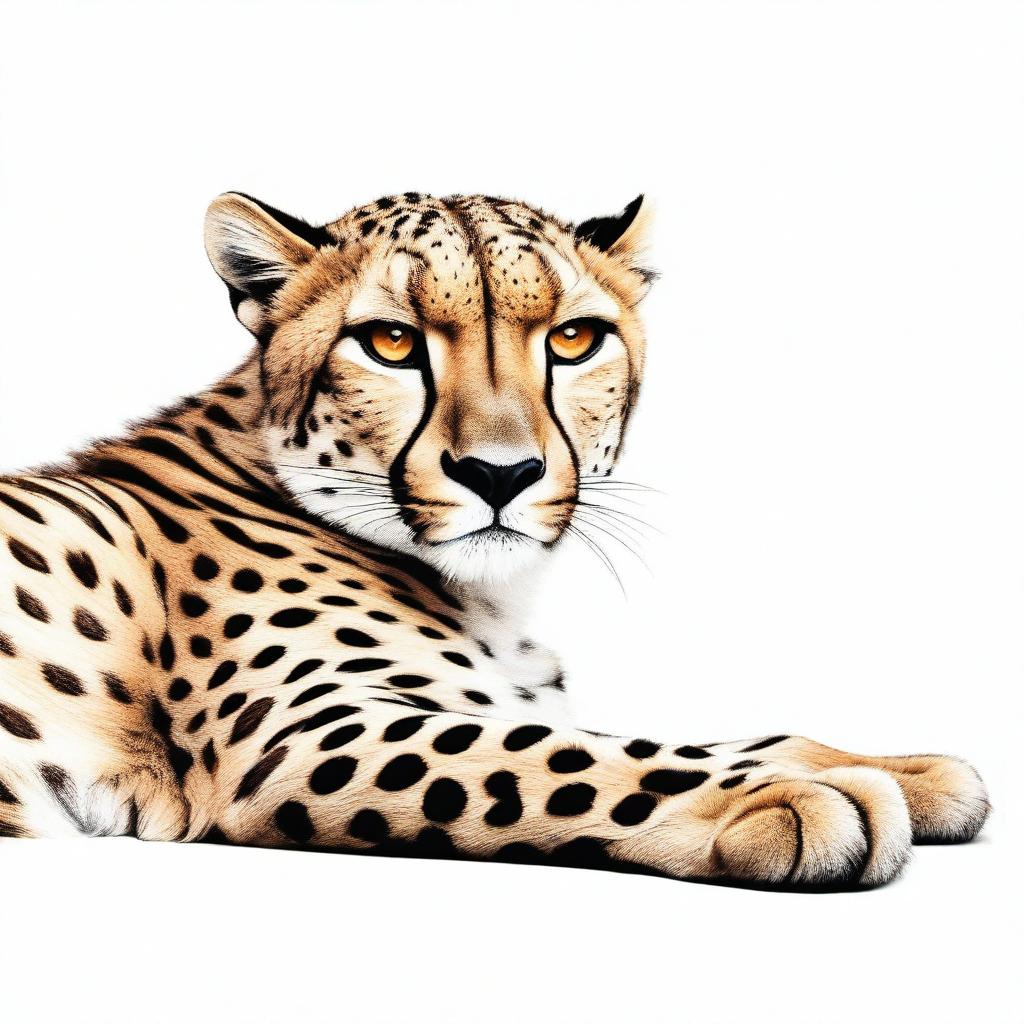 A realistic and well-proportioned illustration of a cheetah lying down with its full body visible against a white background