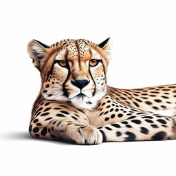 A realistic and well-proportioned illustration of a cheetah lying down with its full body visible against a white background