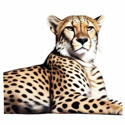 A realistic and well-proportioned illustration of a cheetah lying down with its full body visible against a white background