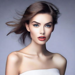 Create an image of a model with a youthful appearance, featuring an alluring and seductive expression