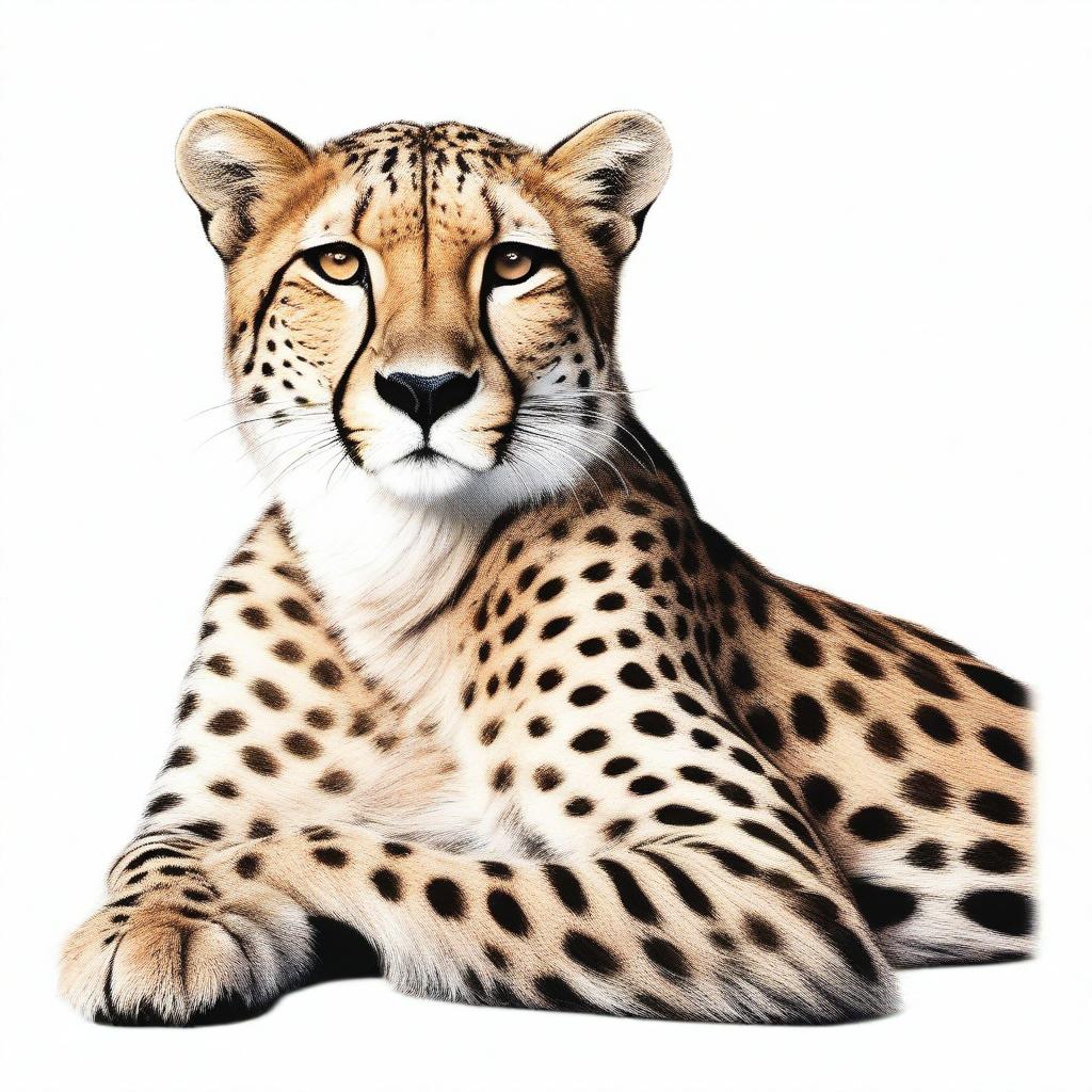 A complete, realistic, and well-proportioned illustration of a cheetah lying down with its full body visible against a white background