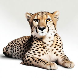 A complete, realistic, and well-proportioned illustration of a cheetah lying down with its full body visible against a white background