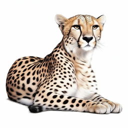 A complete, realistic, and well-proportioned illustration of a cheetah lying down with its full body visible against a white background