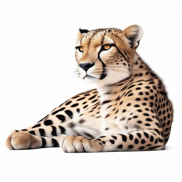 A complete, realistic, and well-proportioned illustration of a cheetah lying down with its full body visible against a white background