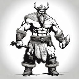 An aggressive Nordic barbarian in a sketch style, rendered in black and white