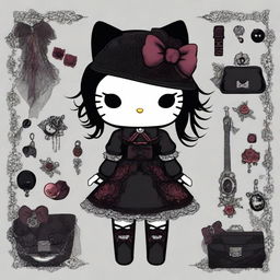 A gothic version of Hello Kitty, featuring dark and moody colors, gothic attire, and a mysterious atmosphere