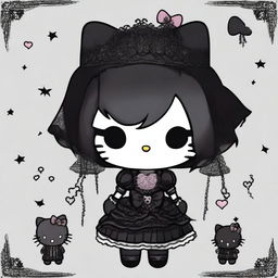 A gothic version of Hello Kitty, featuring dark and moody colors, gothic attire, and a mysterious atmosphere