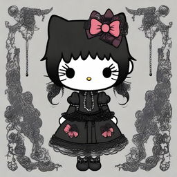 A gothic version of Hello Kitty, featuring dark and moody colors, gothic attire, and a mysterious atmosphere