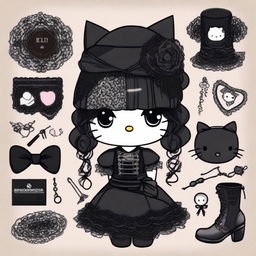 A gothic version of Hello Kitty, featuring dark and moody colors, gothic attire, and a mysterious atmosphere