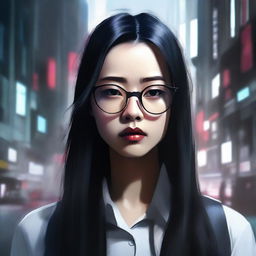 A digital painting of a young Asian woman with glasses and long straight hair